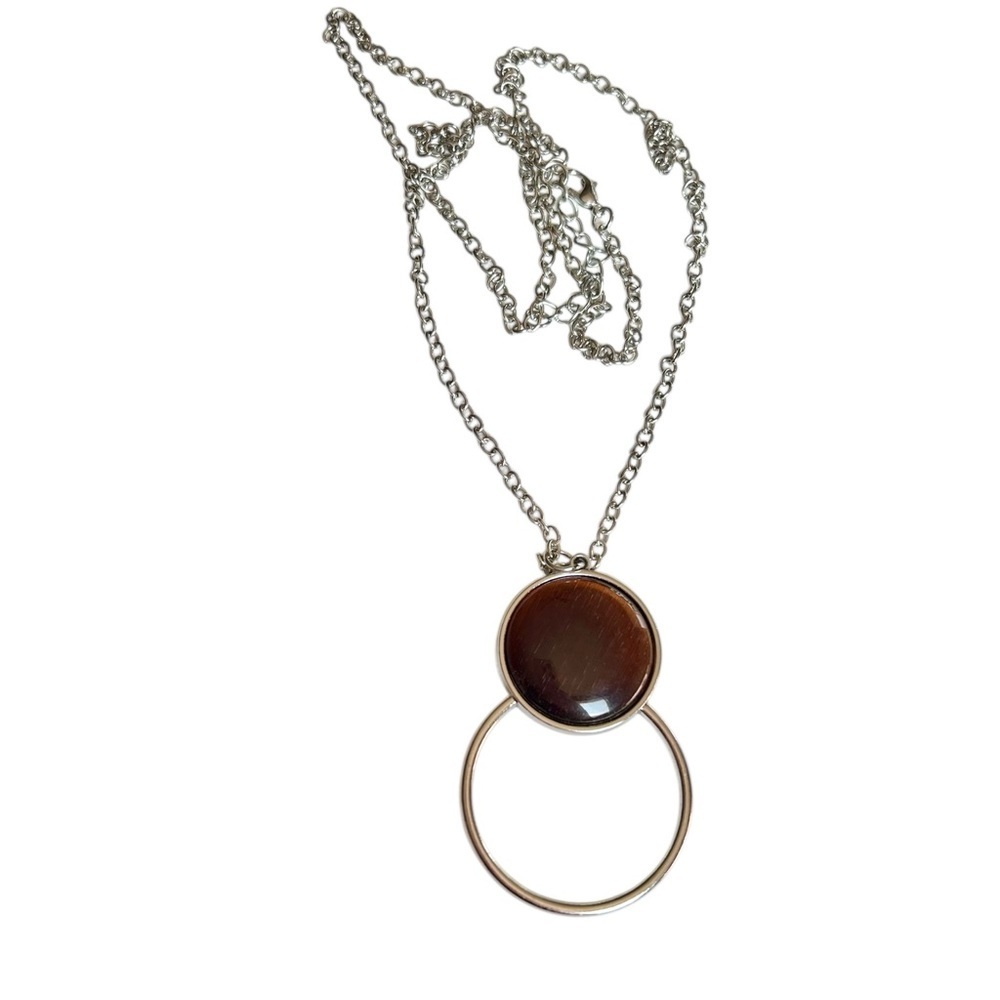 Silver-tone Long Adjustable Necklace Brown Cabochon Pendant